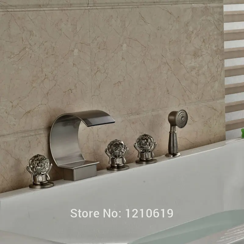 Newly 5Pcs Bathroom Shower Tub Mixer Faucet w/ Hand Nickel Brushed Bathtub Set Crystal Handles | Обустройство дома