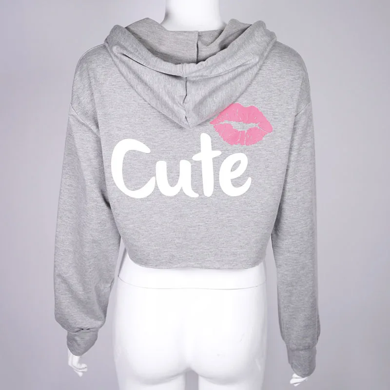 Осенняя Новинка женские толстовки с капюшоном и принтом губ открытым пупком