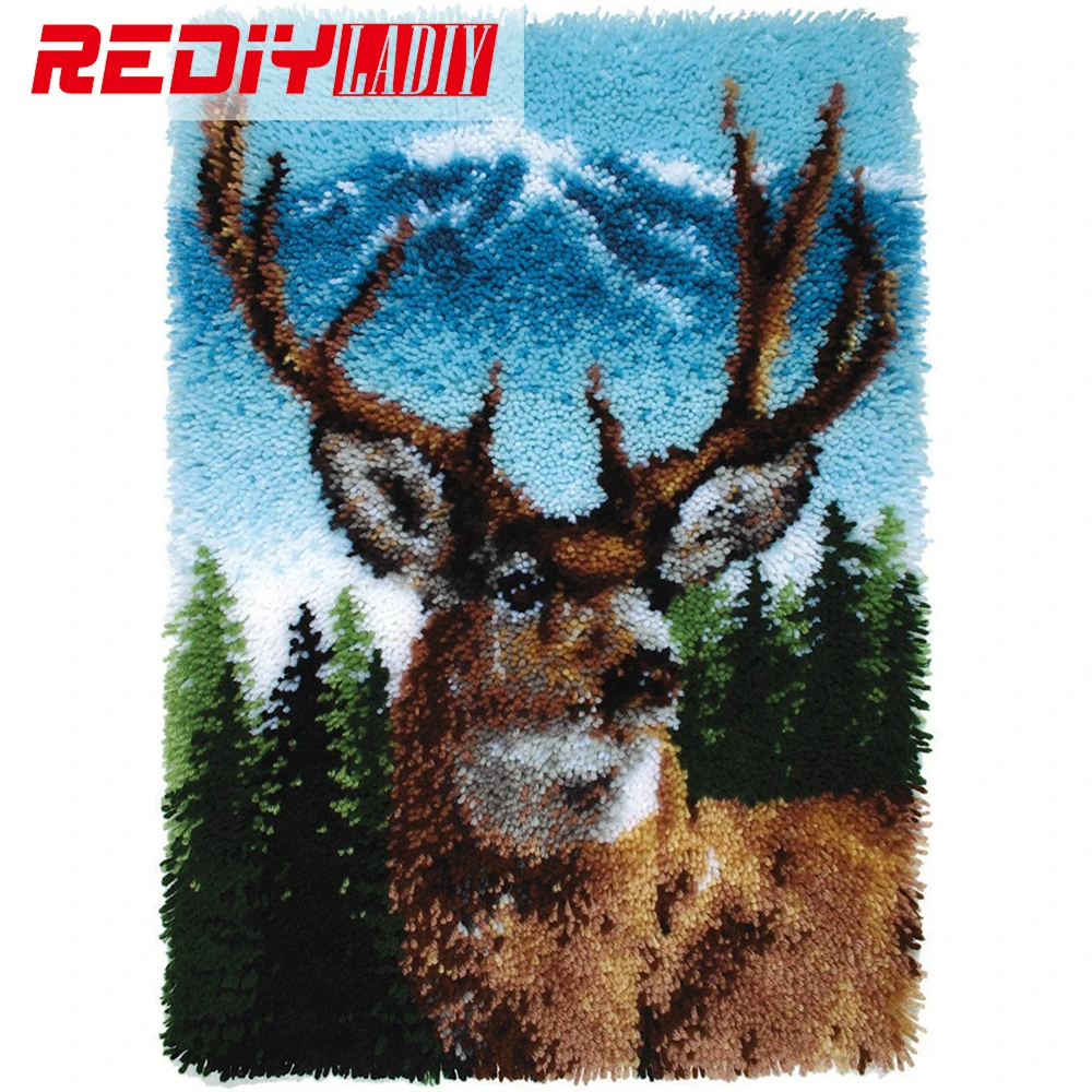 

0089 REDIY LADIY Latch Hook Rug Crocheting Cushion Wall Tapestry Pre-Printed Canvas Yarn Embroidery Mat Forest Deer Carpet 110x