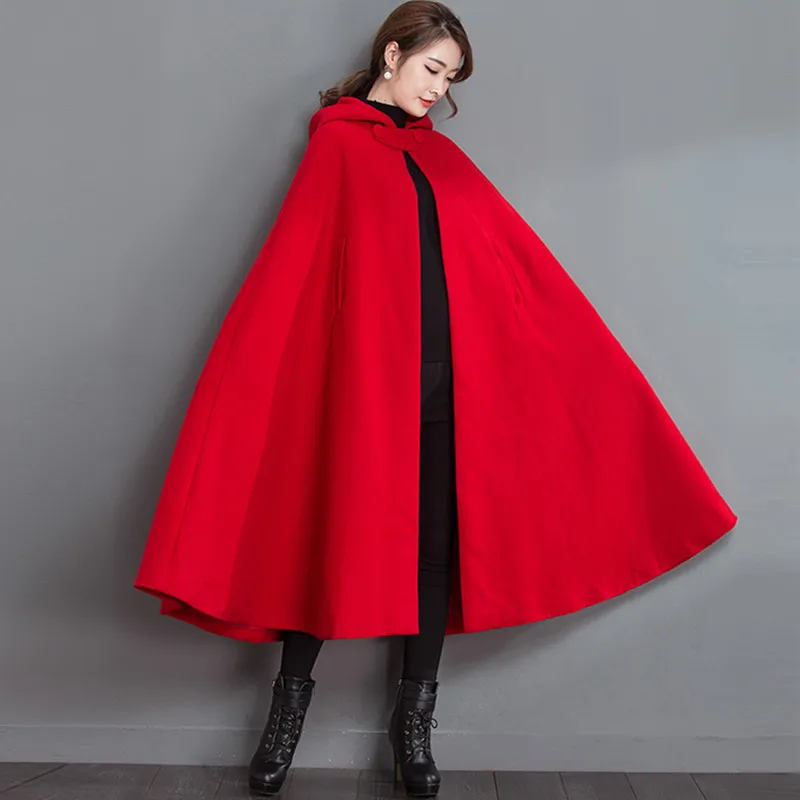 

2020 Autumn Winter Womens Capes Red Hooded Poncho Woolen Coats Batwing Long Cloak capas y ponchos damas