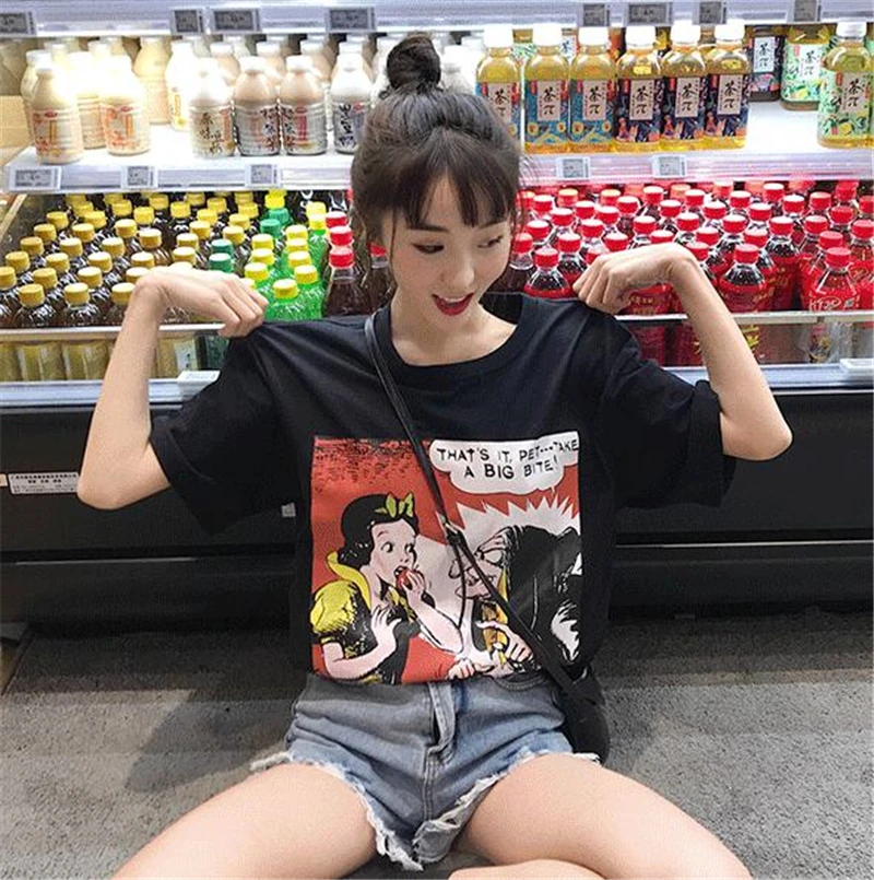 2019 Летняя женская футболка новая модная одежда с героями мультфильмов