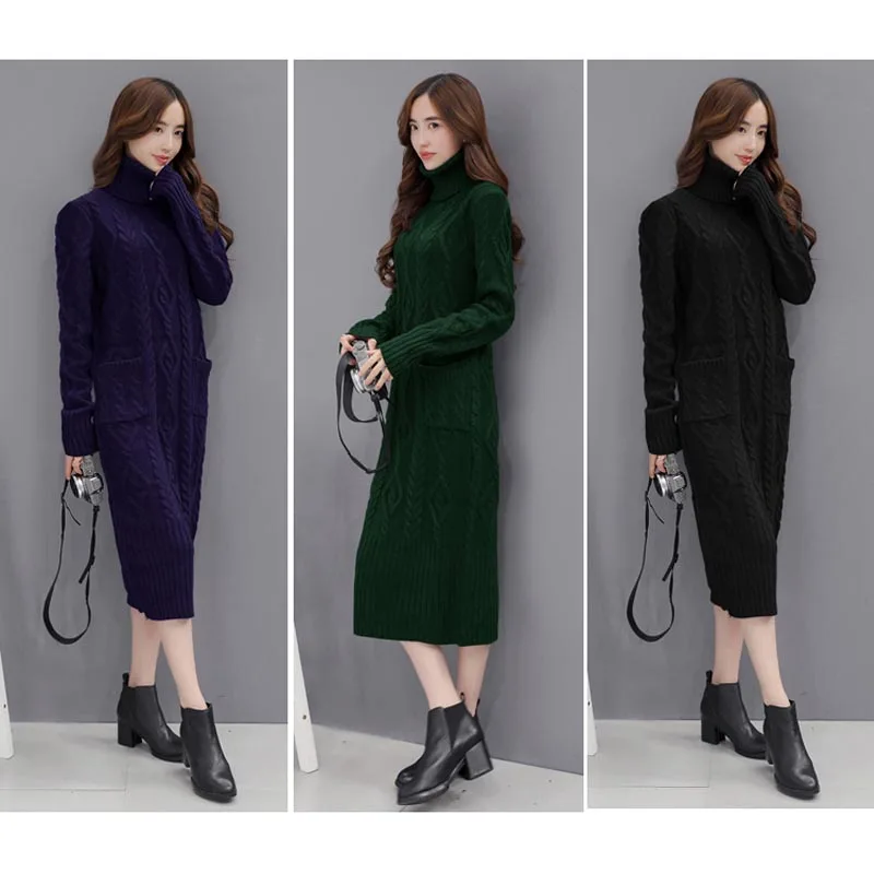 Autumn Winter Women Fashion Knitting Sweater Pullover Dress Ladies Jumper Vintage Wool Turtlenecks Long Sleeve Plus Size Tops | Женская