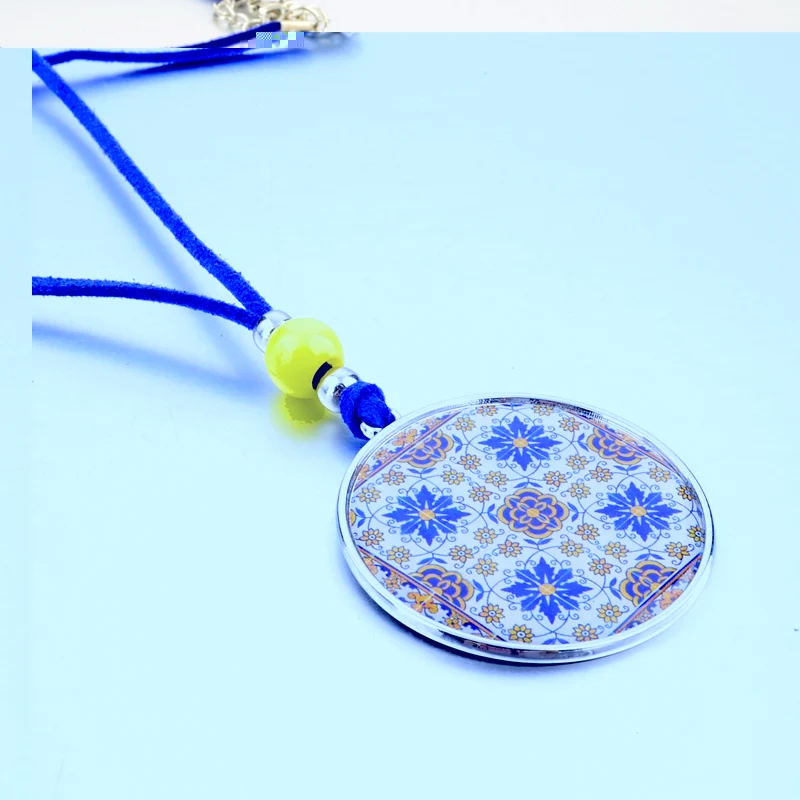 Женское богемное колье LongWay длинная Синяя кожаная цепочка с бусинами желтого