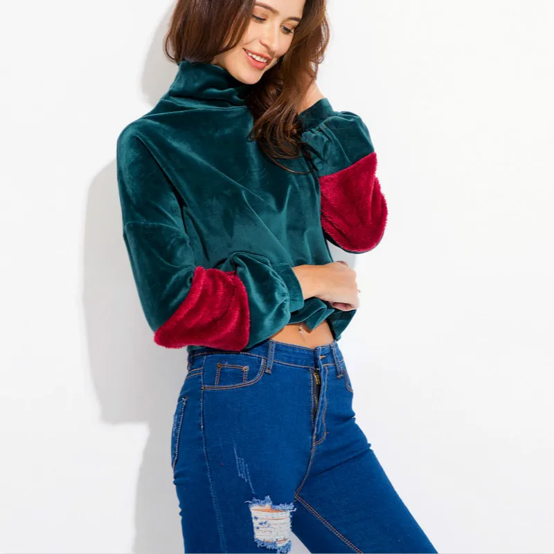 Повседневные вельветовые Лоскутные толстовки с воротником хомутом белые