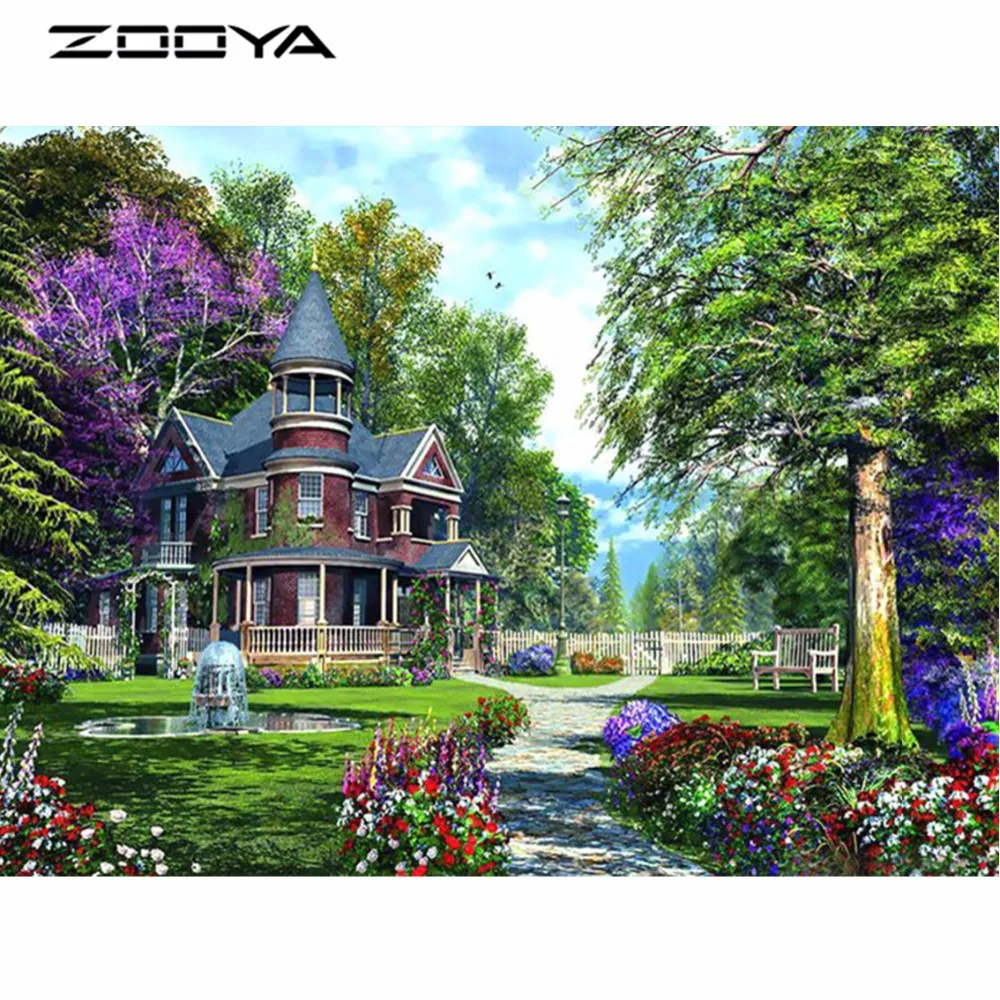 ZOOYA 5D алмазная вышивка пейзаж Картина вилла сад полный набор мозаики круглые