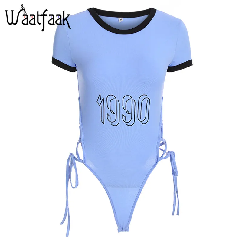 Blue bodysuit Waatfaak, женский комбинезон с боковой повязкой, короткий, с принтом в виде цифр, с вырезами, с круглым вырезом, короткий, сексуальный, боди для женщин, бодикон, обтягивающий, летний - Цвет: Blue bodysuit