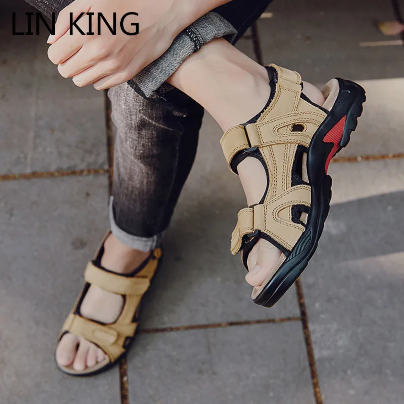 LIN KING Big Size 48 Men Summer Sandals Fashion Genuine Leather Gladiator Sandals Comfortable Beach Shoes Man Roman Casual Shoes