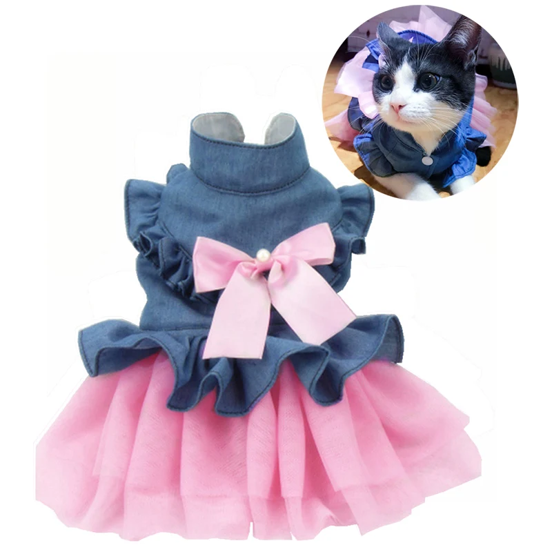 Denim Puppy Cat Dress Summer Girl Dog Clothes Dresses for Small Dogs Cats Shih Tzu Maltese Clothing Kedi Skirt Pets Costume | Дом и сад