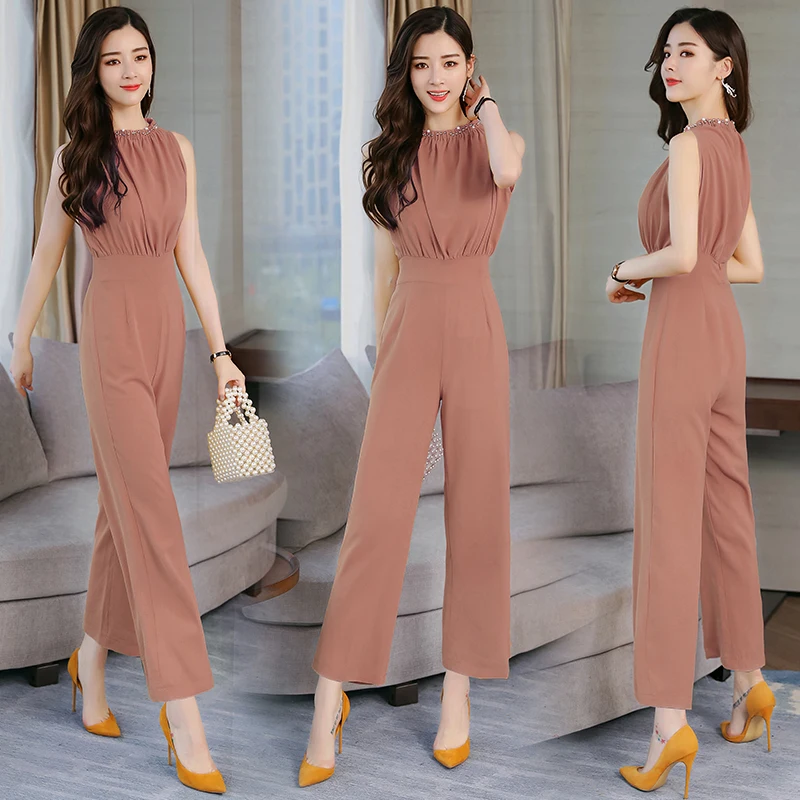 Женский однотонный комбинезон элегантный с широкими штанинами лето 2021| |