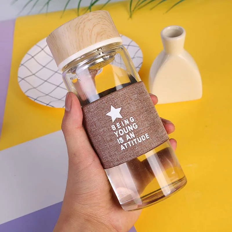 400 мл Портативный Стекло бутылка для воды с бамбуковой крышкой Нержавеющая сталь