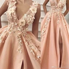 ТРАПЕЦИЕВИДНОЕ ПЛАТЬЕ С V-образным вырезом и разрезом, Персиковое 3D кружевное платье с цветами, персиковые платья для Школьного бала, элегантное вечернее платье P