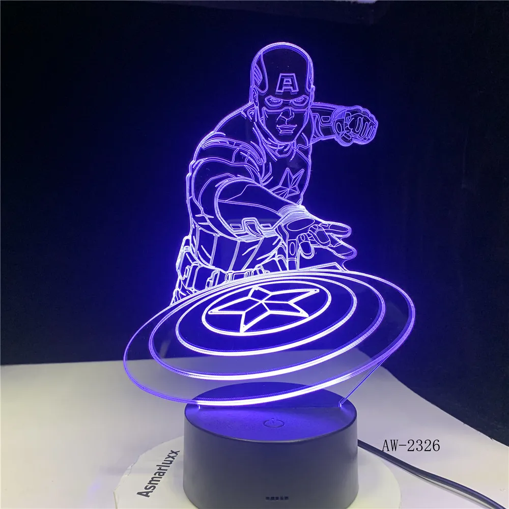 Капитан Америка щит фигурка 3D разноцветный акриловый Настольный Ночник светильник светодиодный Иллюзия сенсорный USB лампа мальчик дети игрушка подарок AW-2326