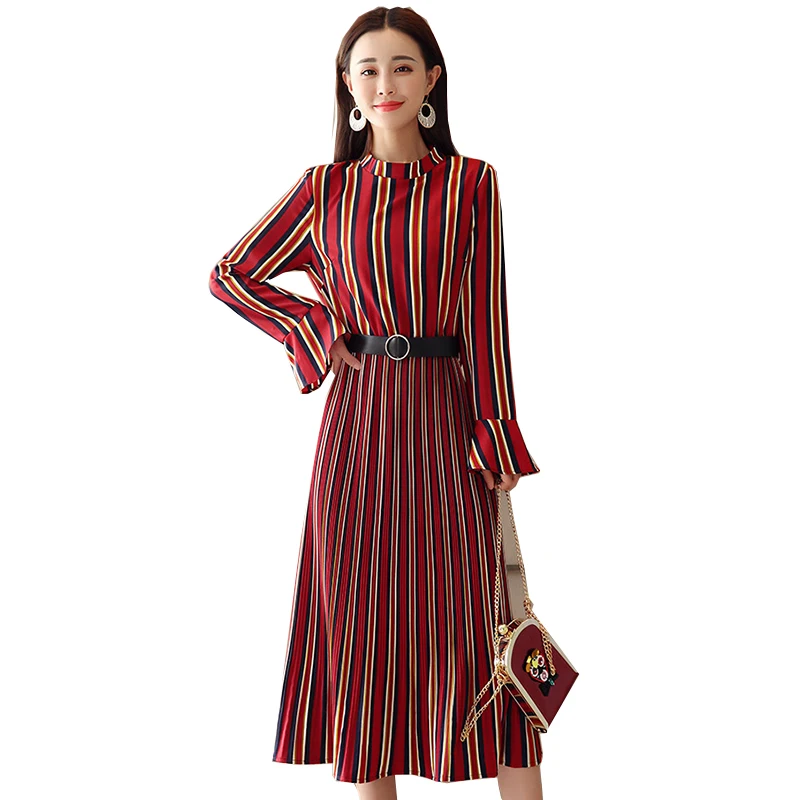 Элегантные женские платья 2018 новые весенне-осенние модные офисные в полоску с