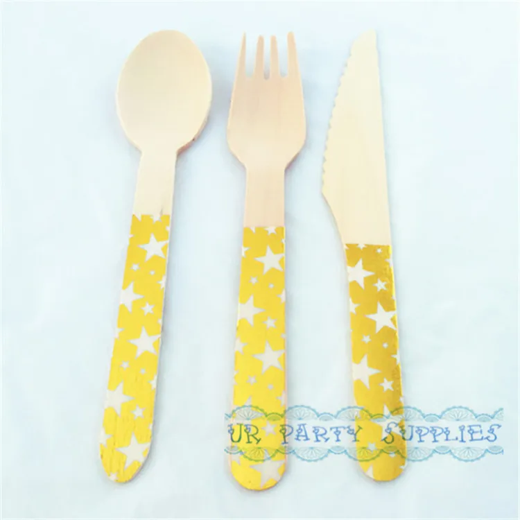 36 шт. биоразлагаемый деревянные столовые приборы золото Фольга белая звезда Вилы