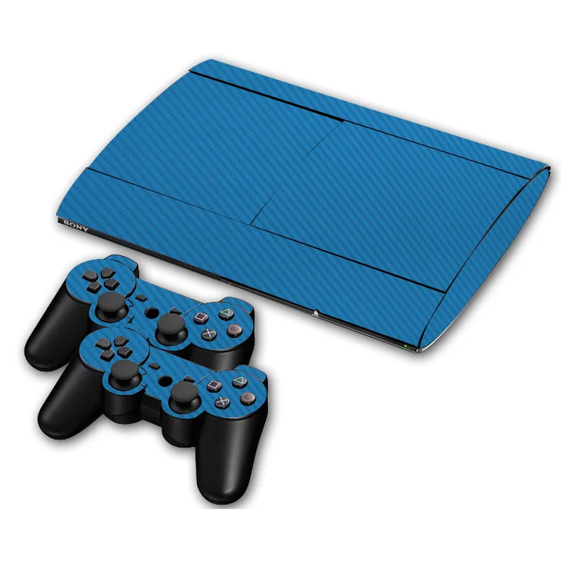 Blue Углеродное волокно виниловая кожа Наклейка протектор для sony PS3 супер тонкий 4000 консоли и 2 геймпада контроллер скины наклейки s - Цвет: Blue
