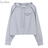 lychee spring autumn women crop sweatshirt letter printed hooded long sleeve pullover preppy style tracksuit