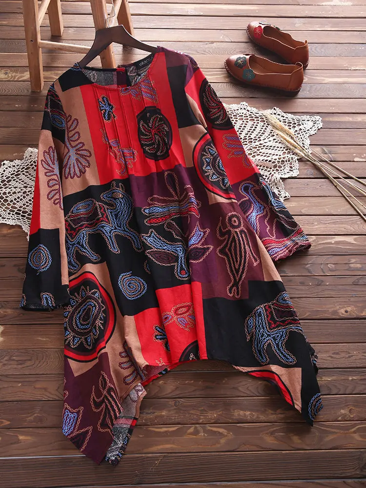 

Plus Size 5XL Summer Cotton Linen Women Shirts Vintage Long Style Print Women Tops Casual Long Sleeve O-Neck Button Woemn Blouse