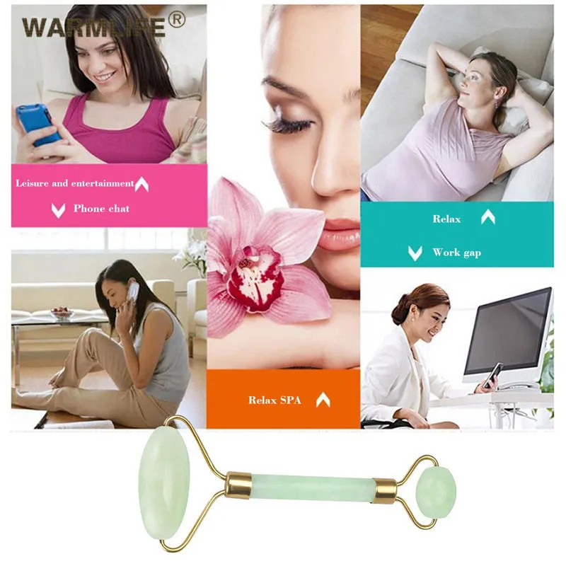 Double head green jade roller massage massager eye neck facial slimming face beauty health care tools selling |