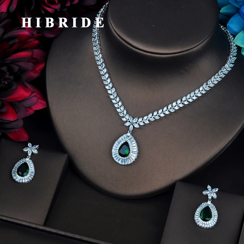 

HIBRIDE Luxury Brilliant Full Cubic Zirconia Jewelry Sets For Women With Big Green Water Drop Necklace Sets Wedding Gifts N-504