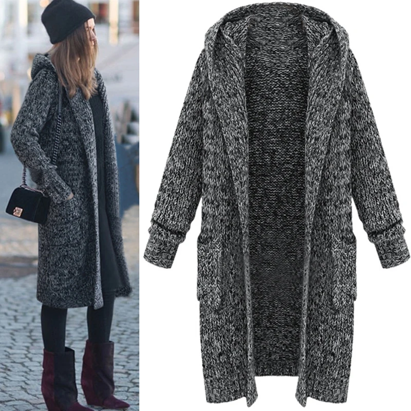 Winter Woman Sweater Female Women's Cardigan Long Knitting Sleeve Solid Fashion Pocket Hooded Gray New Year Hot |