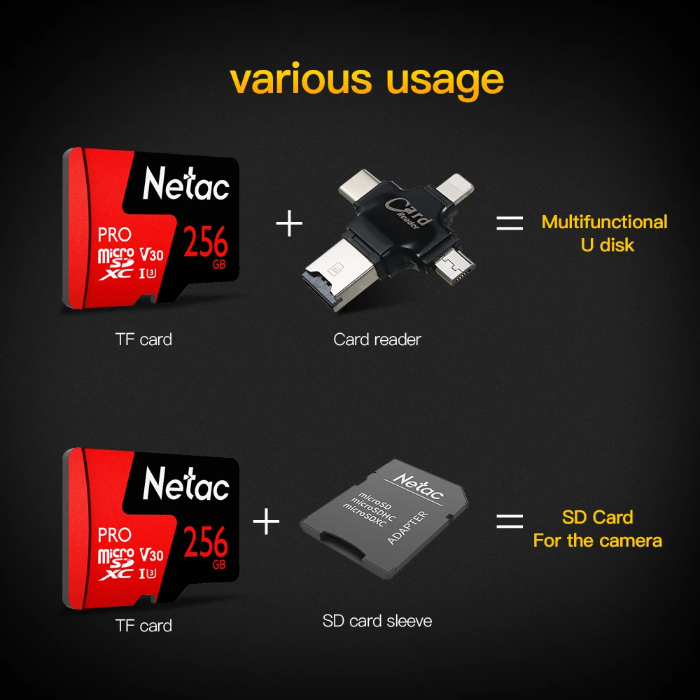 Netac Pro TF карта памяти для хранения данных V30/UHS-I U3 высокая скорость до 100 МБ/с./с 64 Гб 128 ГБ 256 Гб опционально