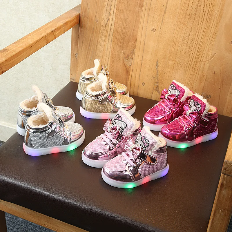 2019 г. Светодиодный свет модные ботинки для маленьких девочек плюшевая зимняя