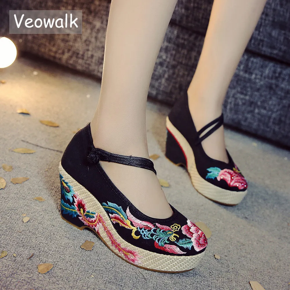 Женские холщовые туфли Veowalk с вышивкой в виде китайского Феникса на массивном