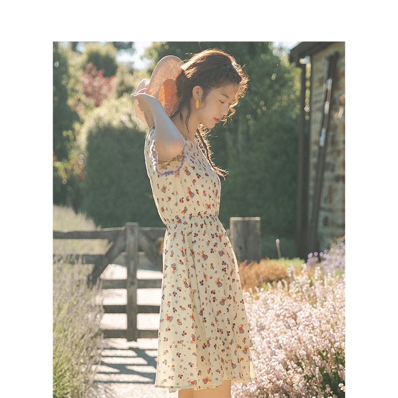 INMAN Summer Elegant Lace V-neck Floral Defined Waist A-line Flare Sleeve Young Girl Literary Women Dress | Женская одежда