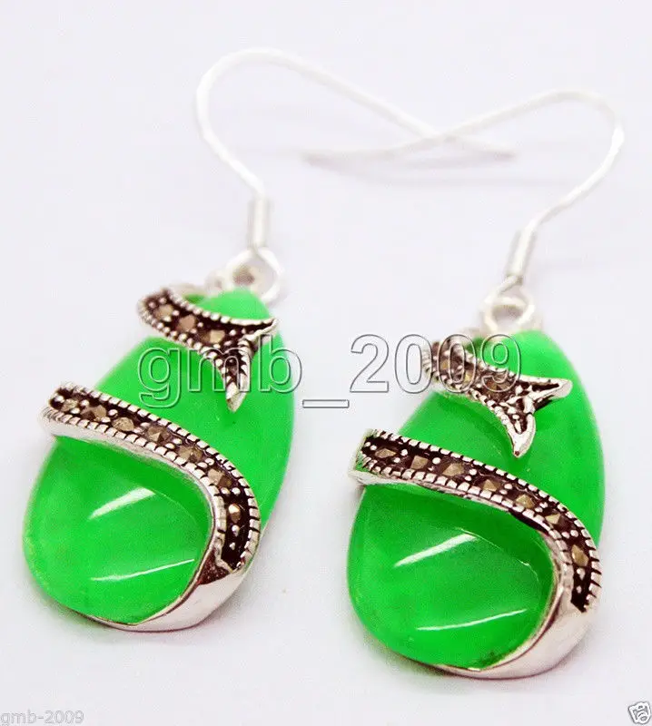 

best valentine's gift lady's 15*26mm natural green Natural jade 925 Sterling Silver Marcasite Earrings