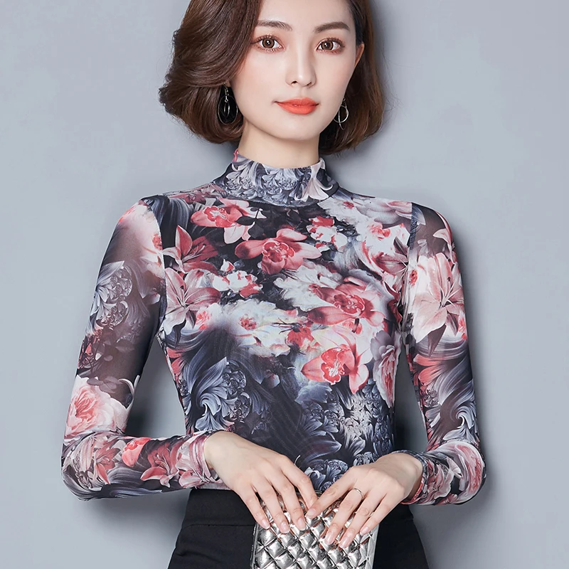 2017 Осенняя модная Женская водолазка рубашка винтажная Цветочная блузка с
