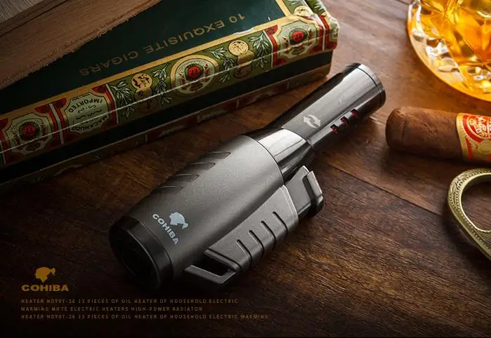 COHIBA Желтый Серый Металл поворотный Gasline тройной пламени факел ветрозащитный Professional сигары Авто прикуриватели с подарочной коробке