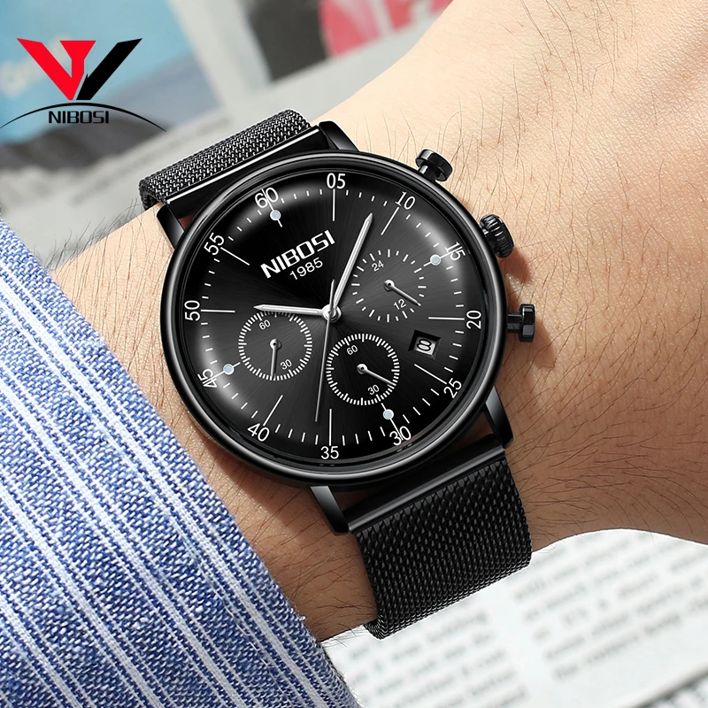 IBOSI Топ люксовый бренд кварцевые часы мужские черные повседневные из нержавеющей