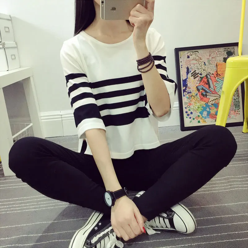 Spring and summer pullovers new Korean version of the striped sleeve loose large yards bat thin sweater women's 7553 | Женская