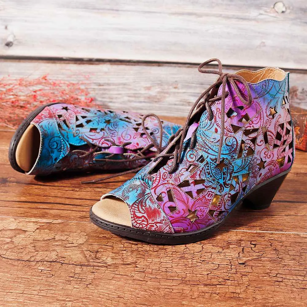 SOCOFY/разноцветные босоножки на шнуровке из натуральной кожи, расписанные вручную; летние туфли в стиле ретро; женская обувь; Новинка