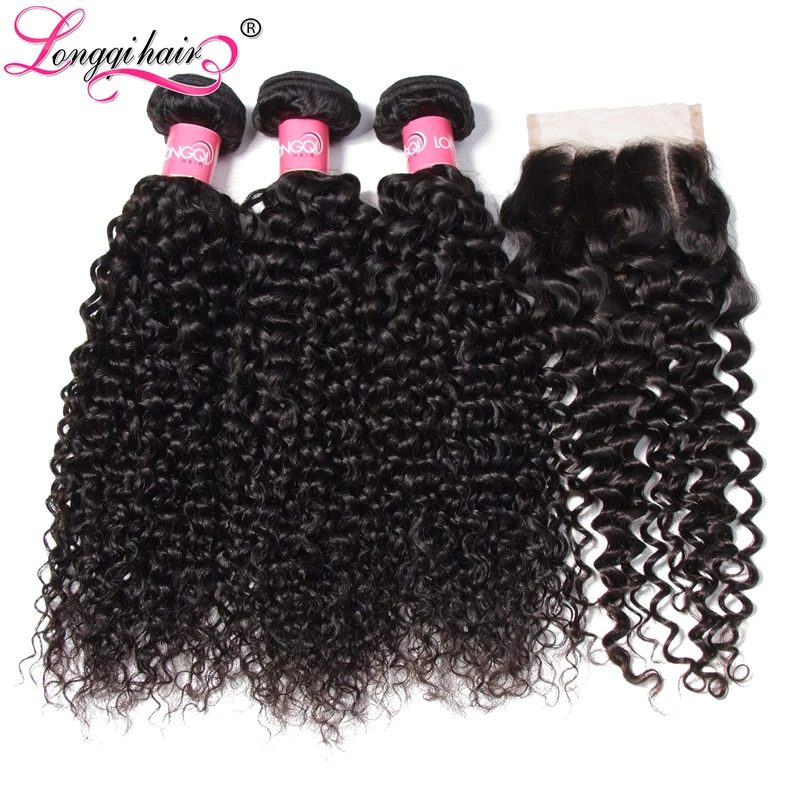 Longqi hair бразильский Реми человеческие волосы пряди с закрытием вьющиеся человеческие волосы 3 пряди с Закрытие 4x4 закрытие волос человеческие волосы переплетения