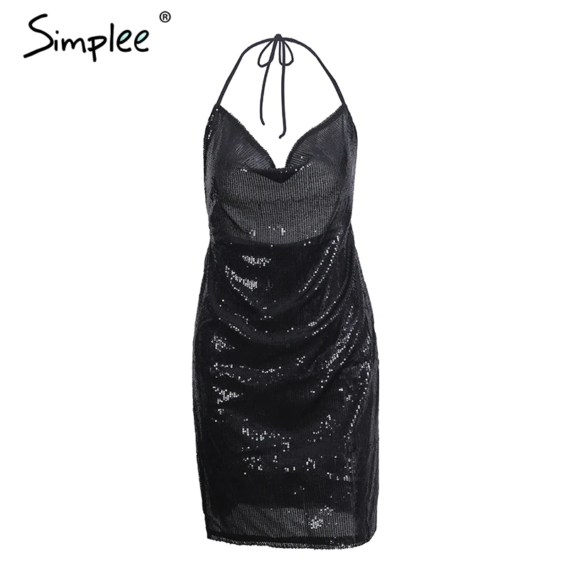 Simplee Холтер спинки блесток сексуальное платье для женщин Глубокий v образным