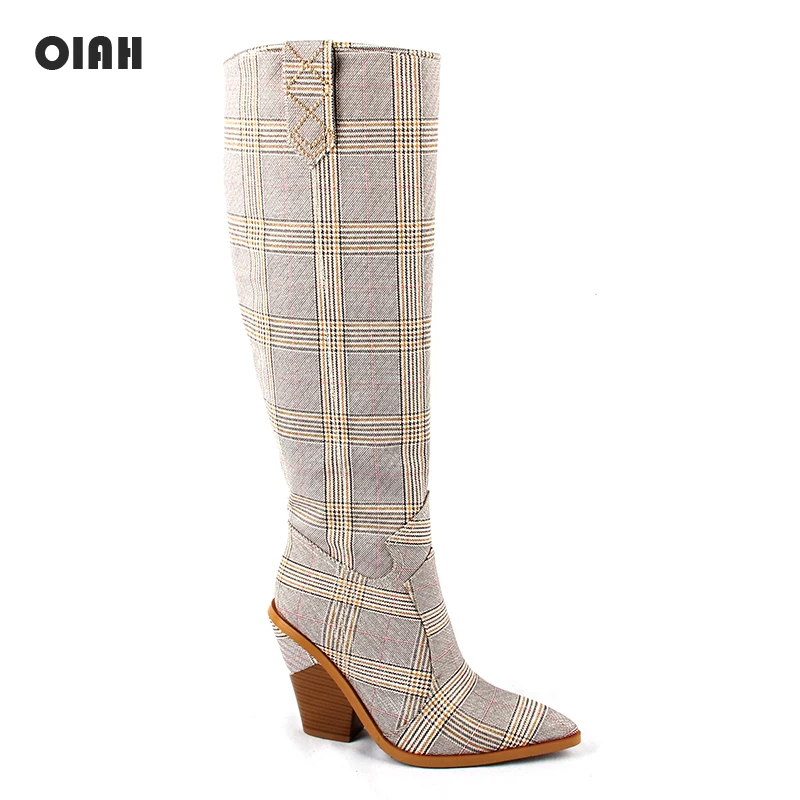 

Women Knee High Boots Gingham High Heeled Fashion Autumn Winter Boots Comfortable Woman Long Western Coyboy Boots Zipper Shoes