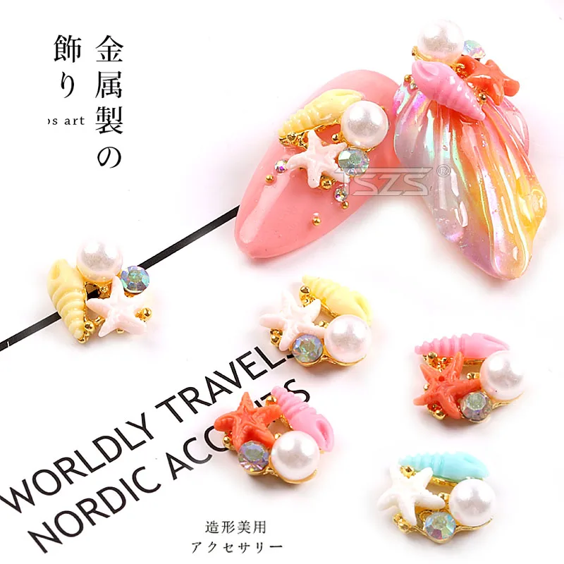 

10 шт./лот, летние виниловые 3D-Наклейки для дизайна ногтей в виде морской звезды, жемчуга, ананаса, блестящие украшения