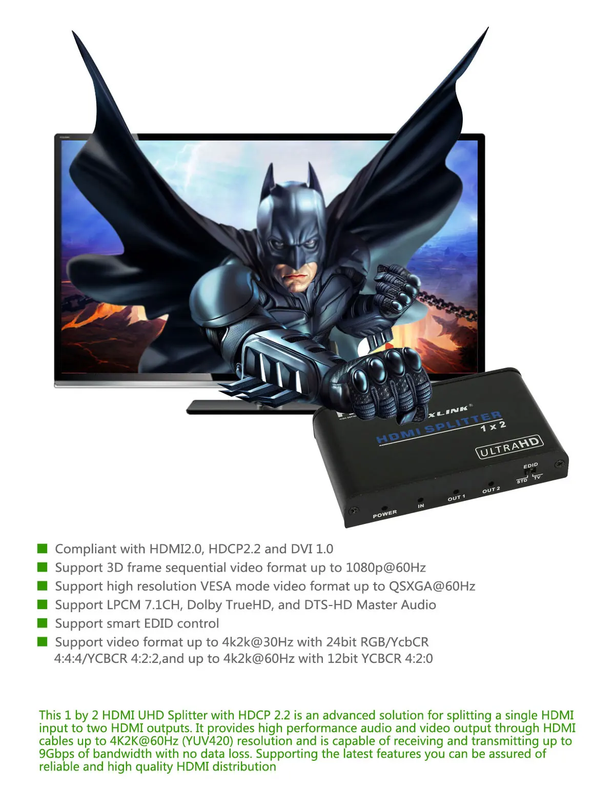 Voxlink UHD HDMI 2.0 Splitter 1x2 1 Вход 2 Выход повторителя распределительная коробка HUB 1080 P 4 К X