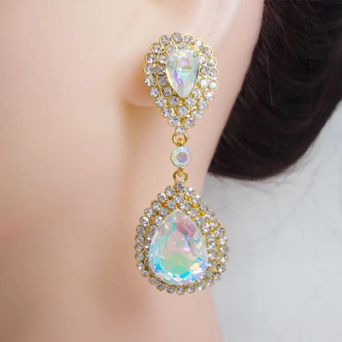 

Bride Wedding Teardrop Earrings Clear AB Rhinestone Crystal Gold Tone