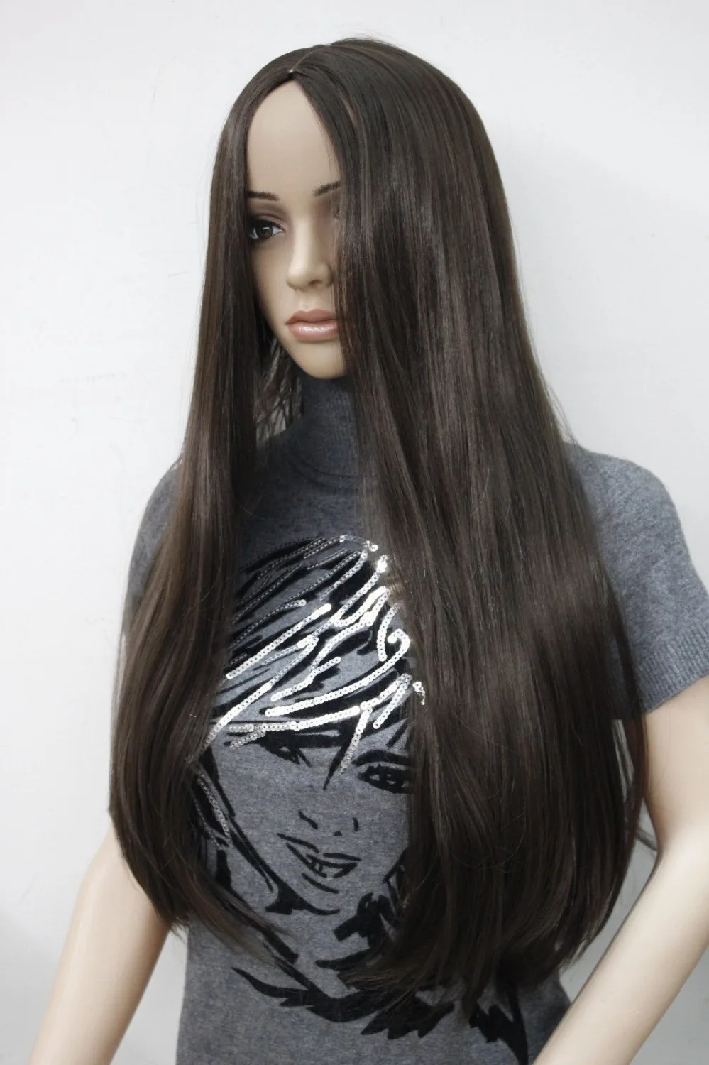dd001848 New brown no bangs center skin part top synthetic women's straight long wig |