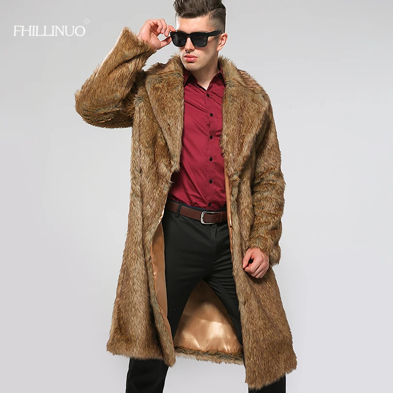 Модные мужские длинные пальто из искусственного меха однотонное с меховым