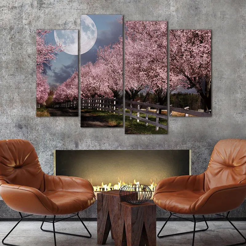 4 панели без рамки холст фото печать Луна под вишневыми деревьями Настенная