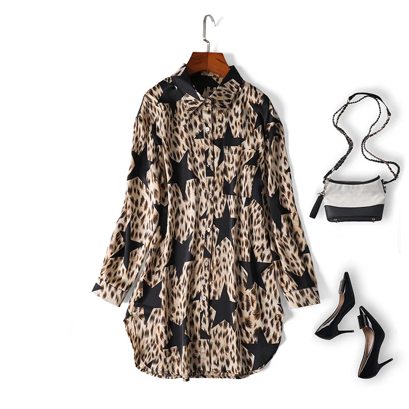 Women animal leopard print sexy long shirts loose style stars casual tops blouse new 2019 spring summer |
