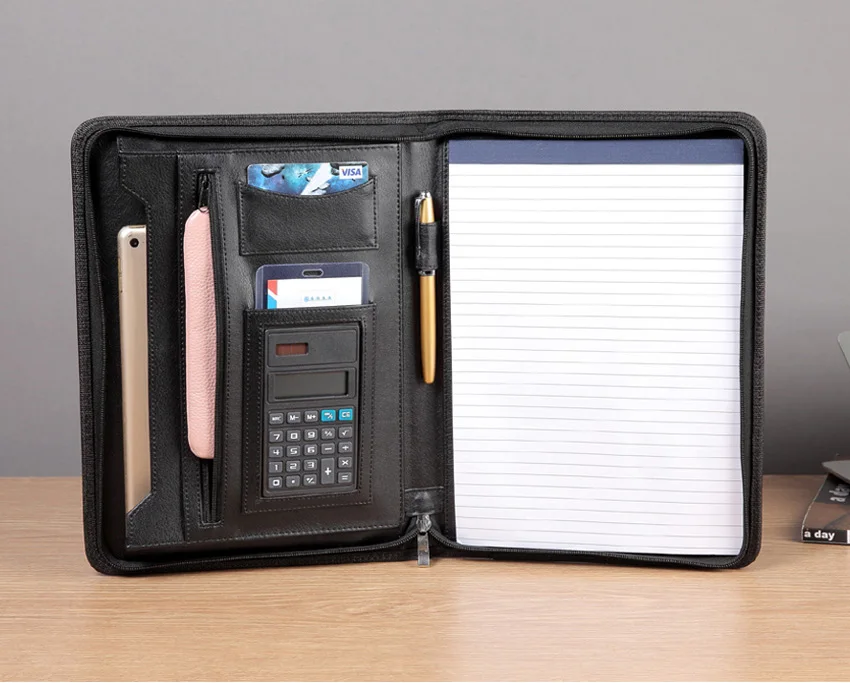Высокое качество Профессиональный бизнес молнии A4 Padfolio из искусственной кожи современный портфель папка с карманами калькулятор