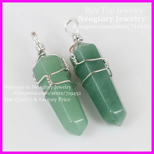 

10pcs Natural Hexagonal Prism Beads Healing Green Aventurine Point Gems Pendant Druzy Quartz Pendant Silver Wire Wrapped Pendant