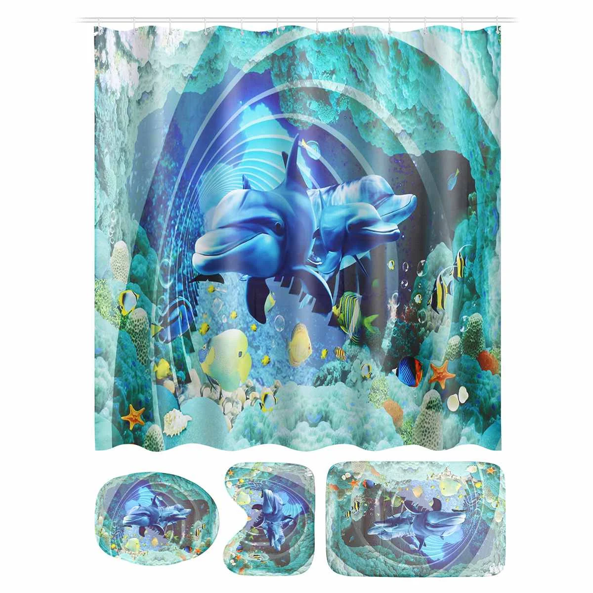 4PCS 180x180cm Waterproof Underwater World Dolphin Shower Curtain Floor Mat With 12 Hooks For Home Bathroom Tub Bathtub Decor - Цвет: Cave set