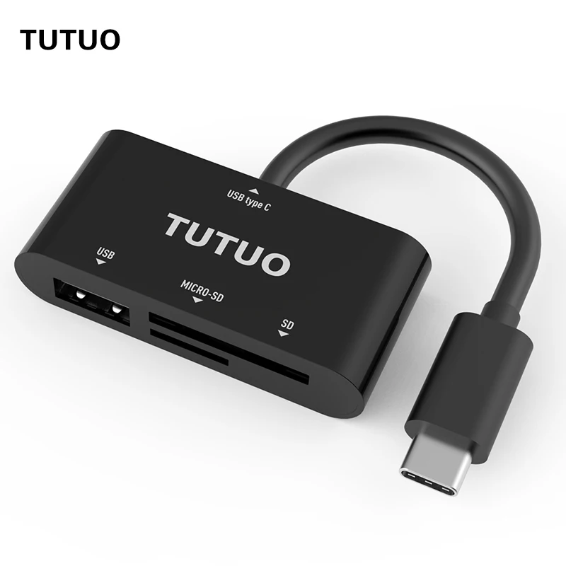 TUTUO Тип usb-C концентратор, TF/SD кард-ридер, USB 2,0 Порты и разъёмы, OTG мульти-функциональный адаптер для ноутбука MacBook Pro/samsung Galaxy Note8/chromebo - Цвет: Черный