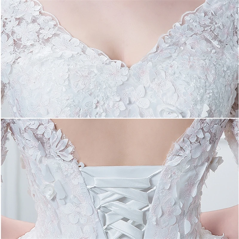 

New Arrival Sexy V-Neck White Lace Wedding Dress Elegant 3D Flowers Embroidered Backless Lace Up Bridal Dress Plus Size
