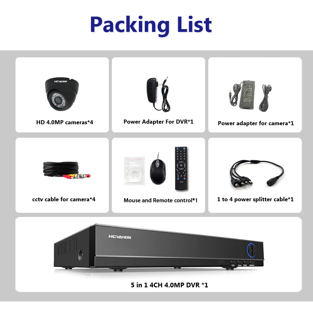 HCVAHDN CCTV Surveillance Kit Security Camera System 4ch 4.0MP AHD DVR NVR Black Dome indoor night vision camera P2P VIEW | Безопасность